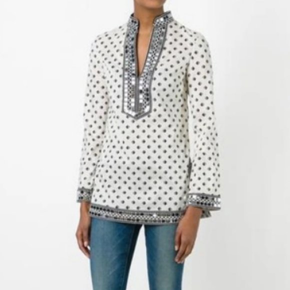 Tory Burch Ivory & Black Fish Print Long Sleeve Tunic Top with Mirror Sequins - Picture 10 of 10